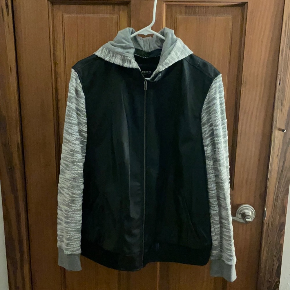 Black Faux Leather&Marled Grey Terry Bomber Jacket